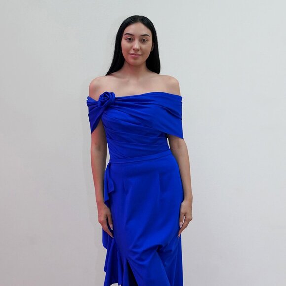 New Evening Off Shoulder Ruffled Dress w/ Rosette Detail & Leg Slit JT2716C - Picture 1 of 8